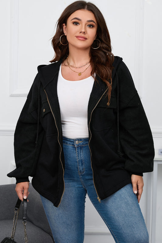 Blue Zone Planet | Black Plus Size Bishop Sleeve Zip Up Hooded Jacket-Plus Size/Plus Size Outerwear-[Adult]-[Female]-Black-1X-2022 Online Blue Zone Planet