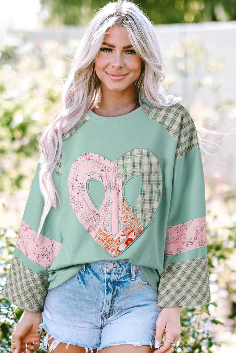 Heart Plaid Round Neck Long Sleeve Blouse-TOPS / DRESSES-[Adult]-[Female]-Gum Leaf-S-2022 Online Blue Zone Planet