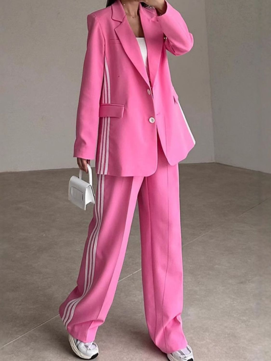 Side Striped Long Sleeve Blazer and Pants Set-TOPS / DRESSES-[Adult]-[Female]-Hot Pink-S-2022 Online Blue Zone Planet