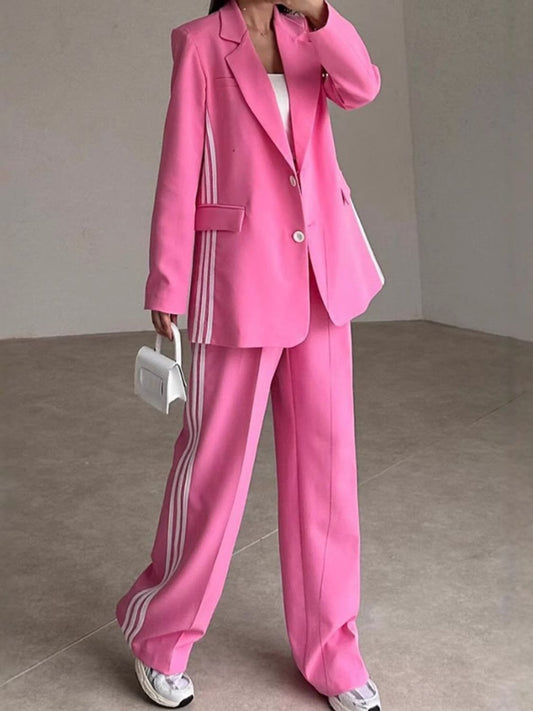 Side Striped Long Sleeve Blazer and Pants Set-TOPS / DRESSES-[Adult]-[Female]-Hot Pink-S-2022 Online Blue Zone Planet