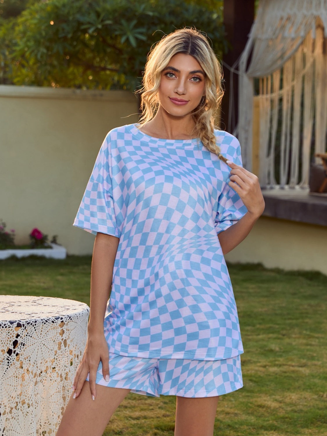 Blue Zone Planet | Plaid Round Neck Top and Shorts Lounge Set-TOPS / DRESSES-[Adult]-[Female]-Light Blue-S-2022 Online Blue Zone Planet