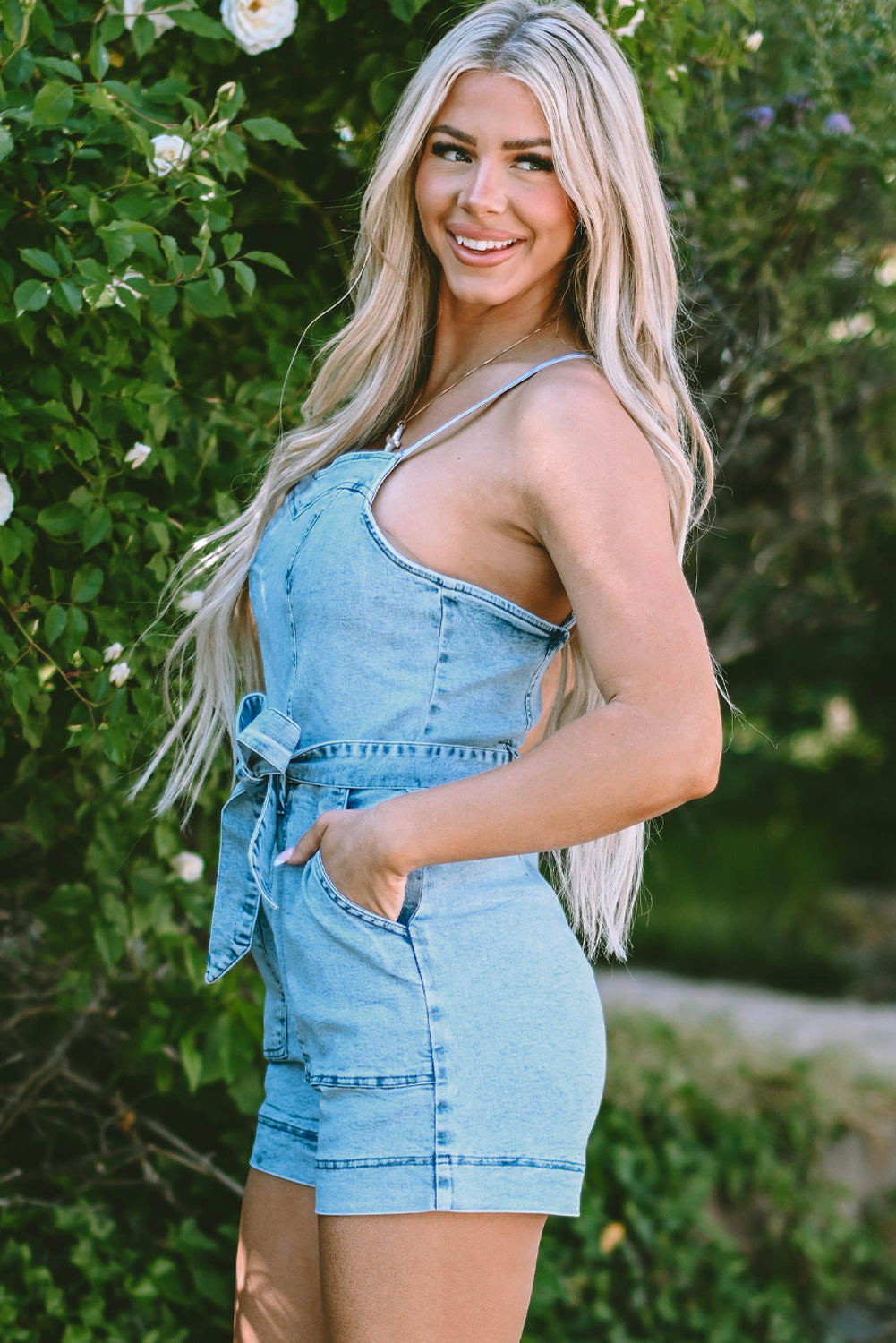 Beau Blue Spaghetti Straps Belted Denim Romper-Bottoms/Jumpsuits & Rompers-[Adult]-[Female]-2022 Online Blue Zone Planet