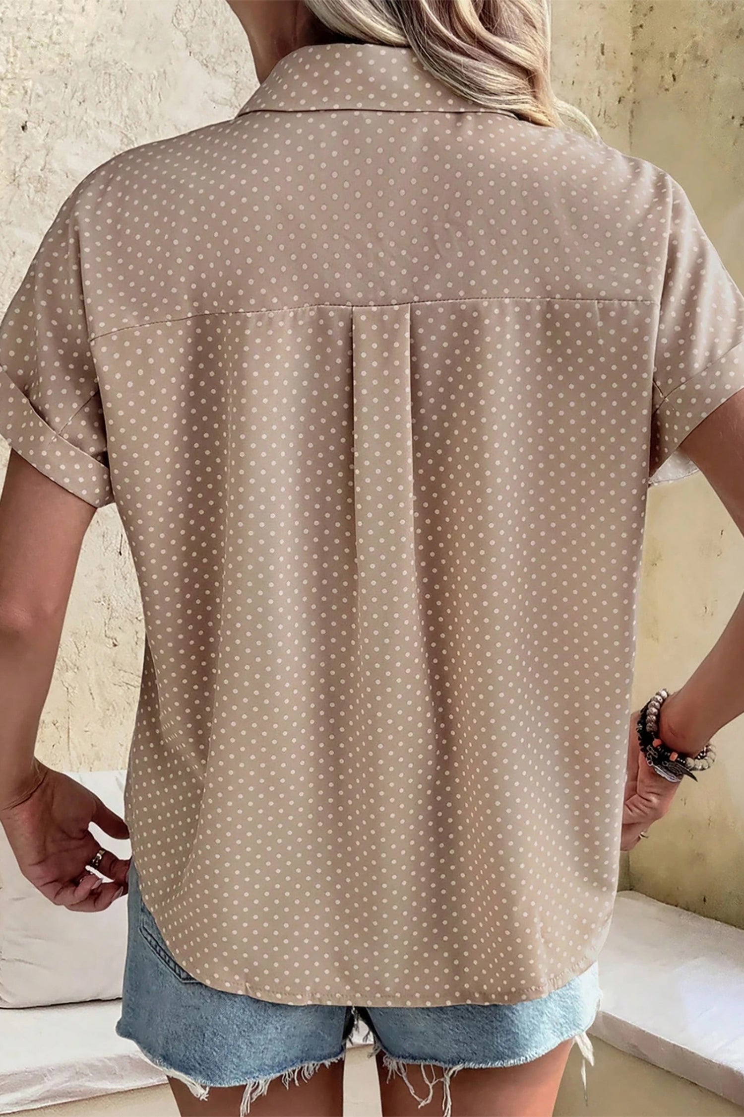 Khaki Dotted Print Cuffed Short Sleeve Shirt-Tops/Blouses & Shirts-[Adult]-[Female]-2022 Online Blue Zone Planet