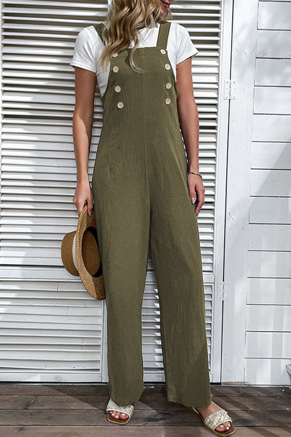 Jungle Green Solid Color Buttoned Straight Leg Overall-Bottoms/Jumpsuits & Rompers-[Adult]-[Female]-Jungle Green-S-2022 Online Blue Zone Planet