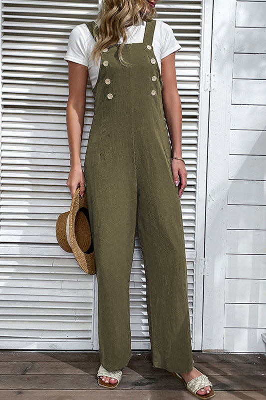 Jungle Green Solid Color Buttoned Straight Leg Overall-Bottoms/Jumpsuits & Rompers-[Adult]-[Female]-Jungle Green-S-2022 Online Blue Zone Planet