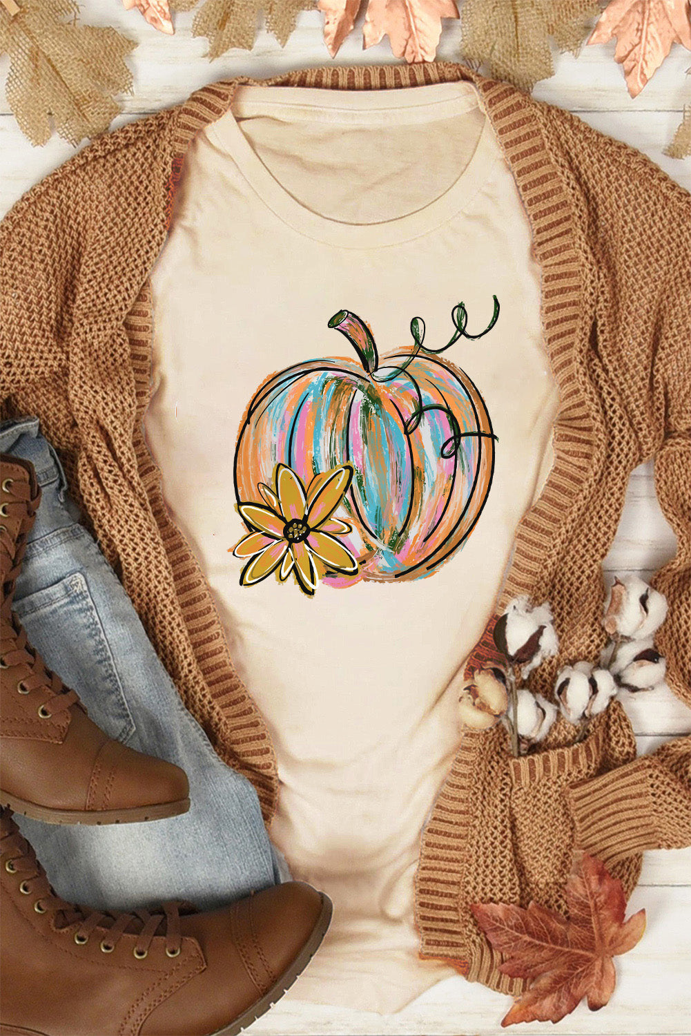 Khaki Pumpkin with Flower Graphic T Shirt-Graphic/Graphic Tees-[Adult]-[Female]-Khaki-S-2022 Online Blue Zone Planet