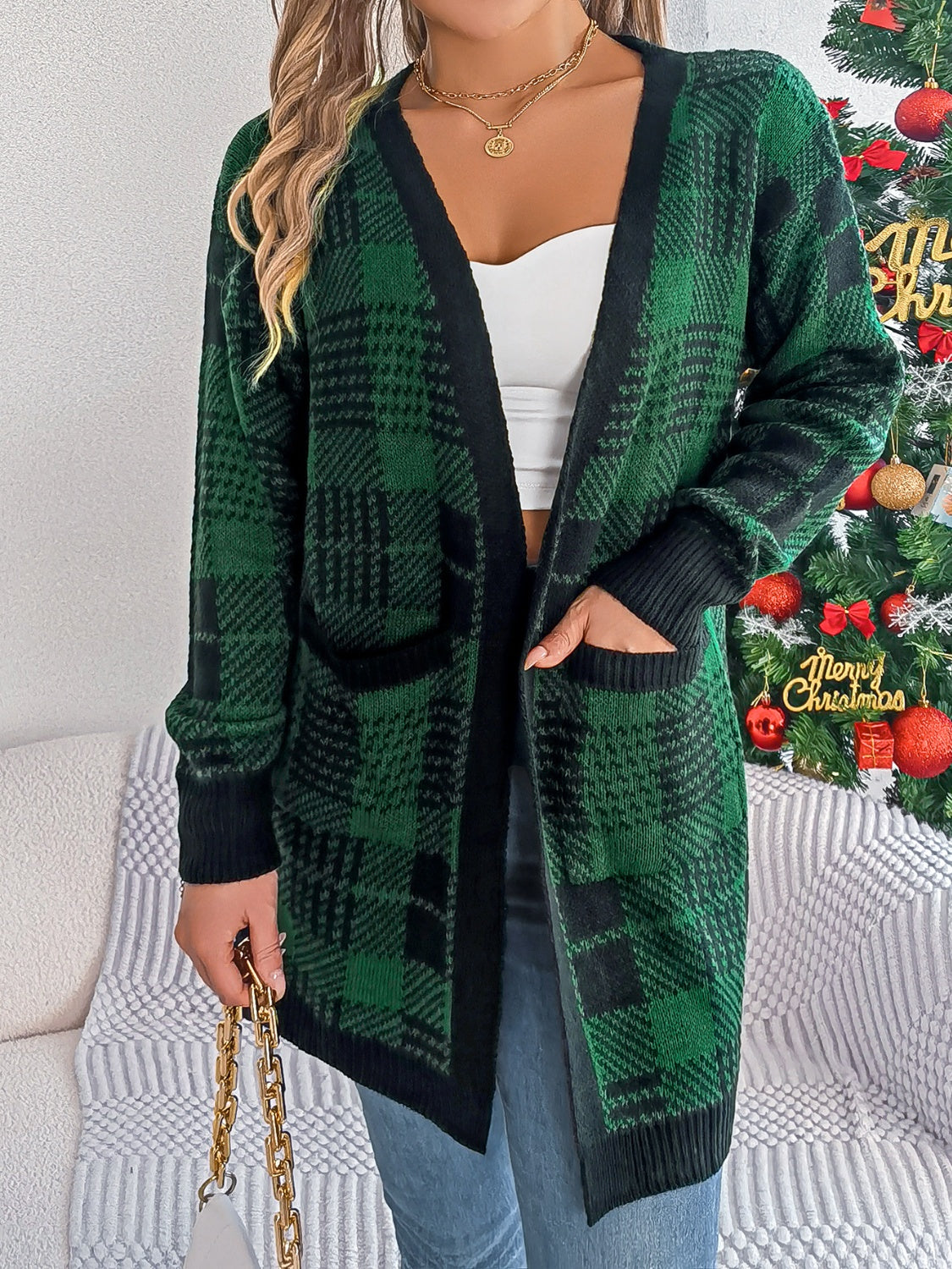 Plaid Open Front Long Sleeve Cardigan-TOPS / DRESSES-[Adult]-[Female]-2022 Online Blue Zone Planet