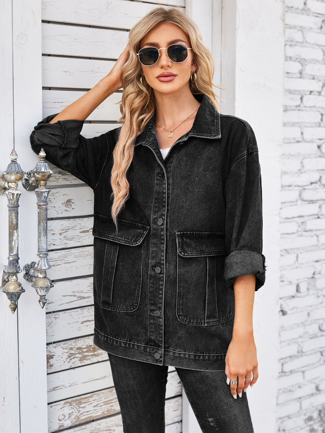 Button Up Long Sleeve Denim Jacket-TOPS / DRESSES-[Adult]-[Female]-2022 Online Blue Zone Planet