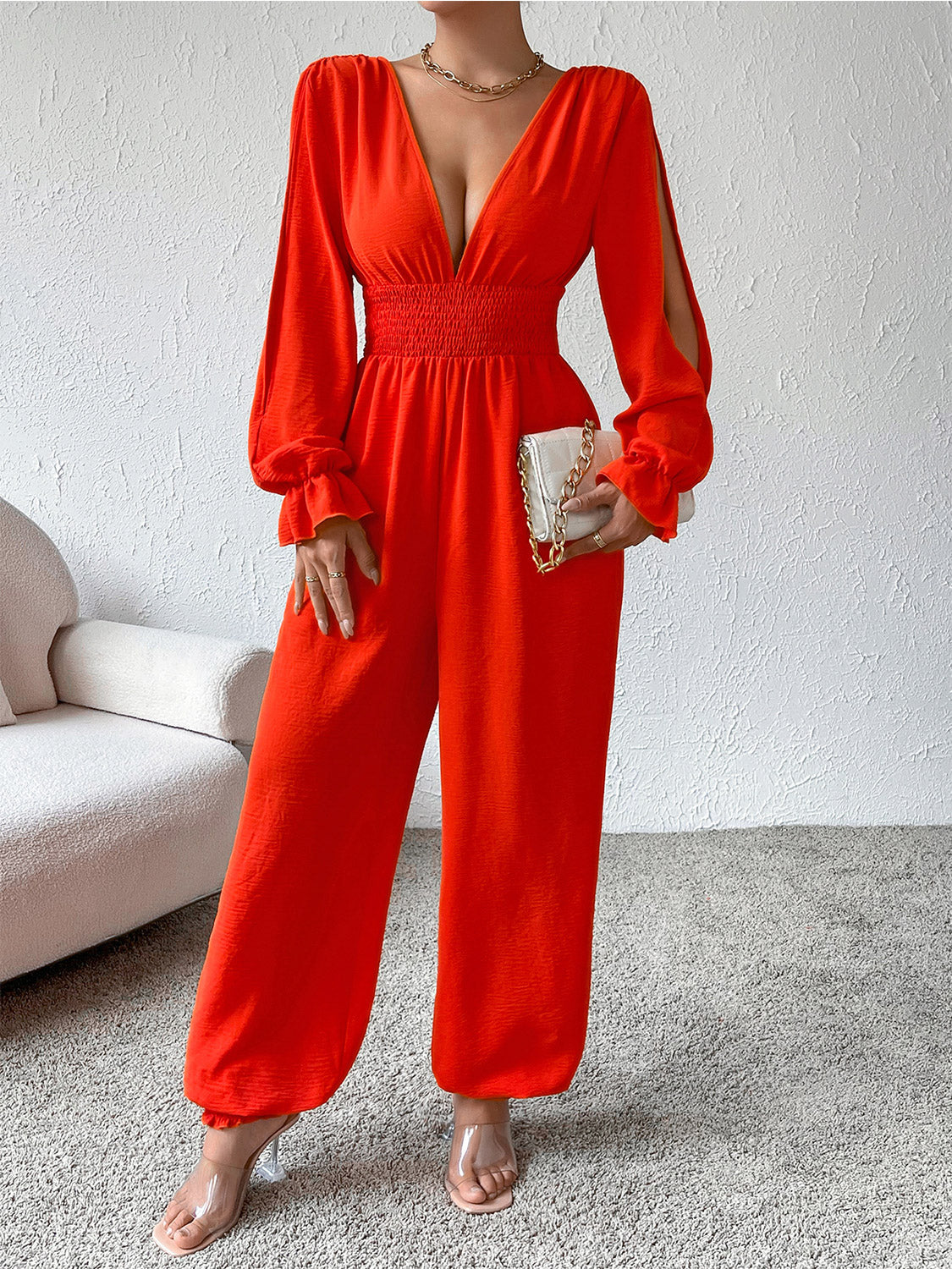 Plunge Smocked Flounce Sleeve Jumpsuit-[Adult]-[Female]-2022 Online Blue Zone Planet