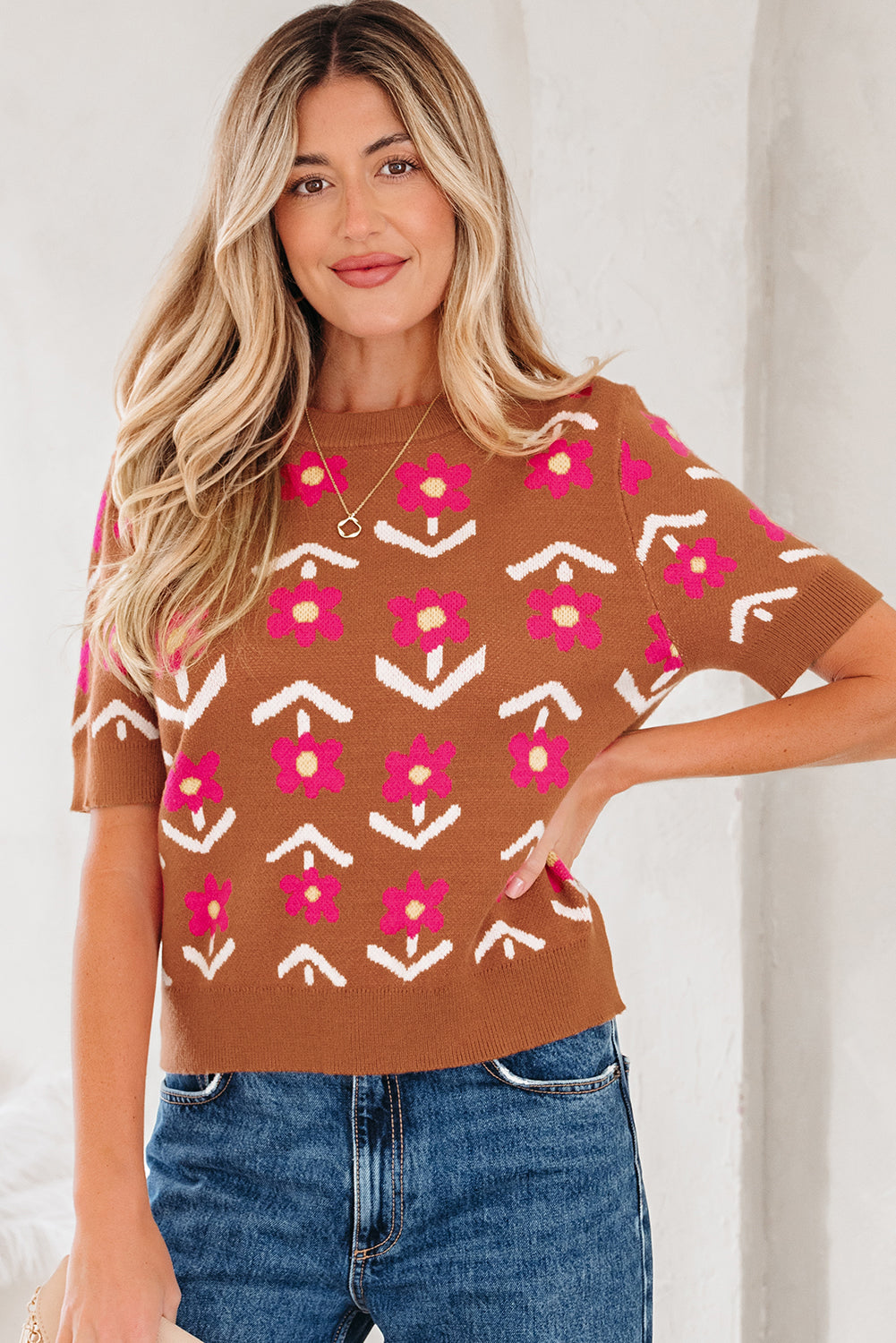 Brown Floral Short Puff Sleeve Sweater-TOPS / DRESSES-[Adult]-[Female]-2022 Online Blue Zone Planet