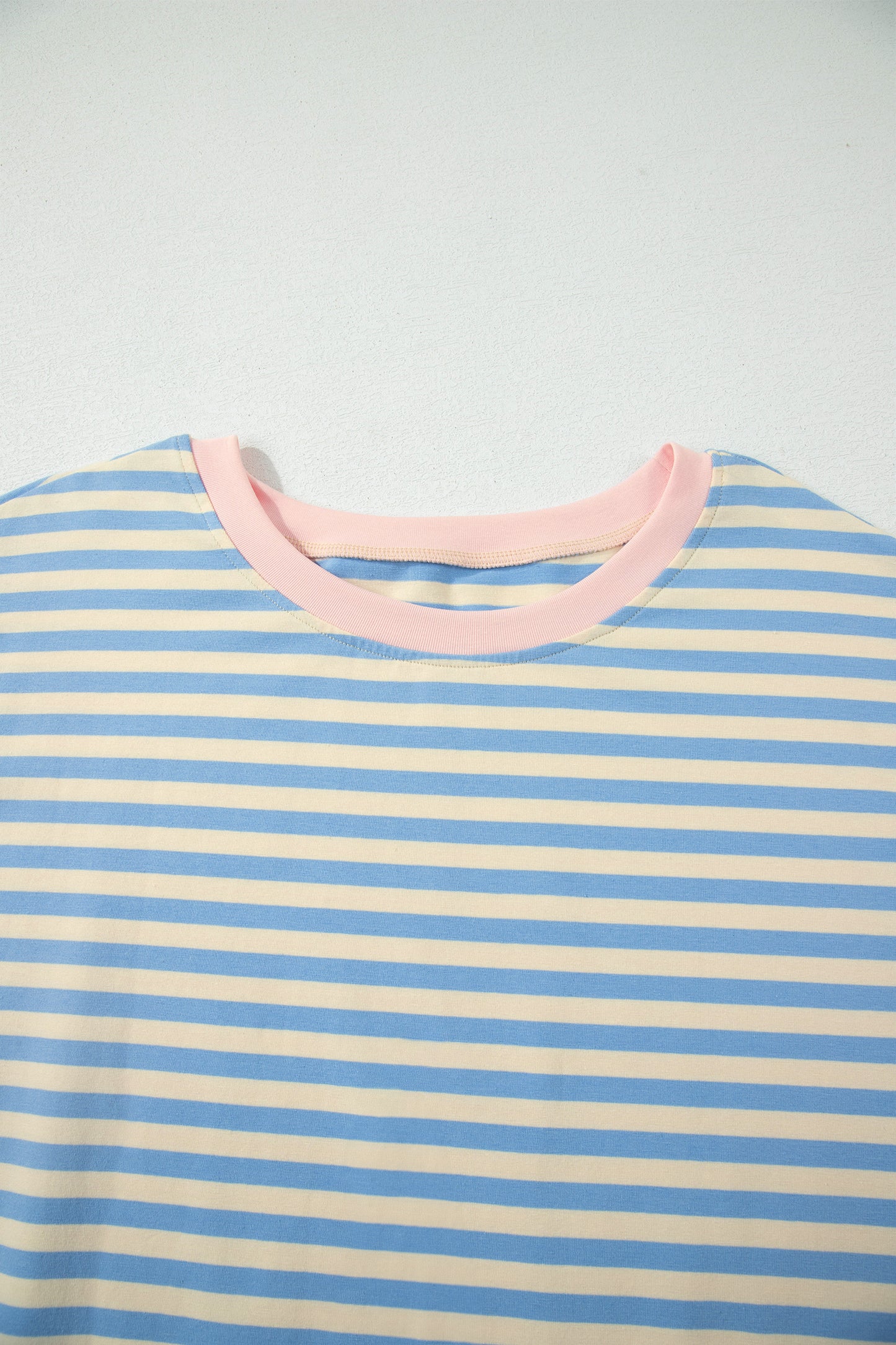 Sky Blue Stripe Plus Size Drop Shoulder Contrast Trim Round Neck Tee-Plus Size/Plus Size Tops/Plus Size Tops & Tees-[Adult]-[Female]-2022 Online Blue Zone Planet