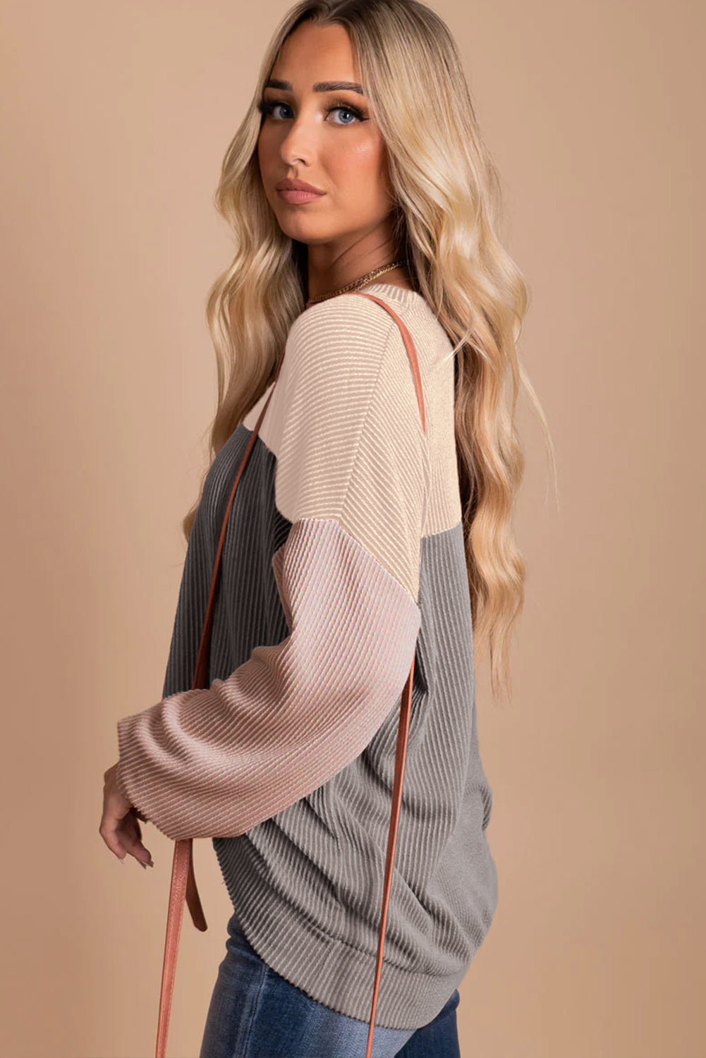 Multicolor Color Block Long Sleeve Ribbed Loose Top-Tops/Long Sleeve Tops-[Adult]-[Female]-2022 Online Blue Zone Planet