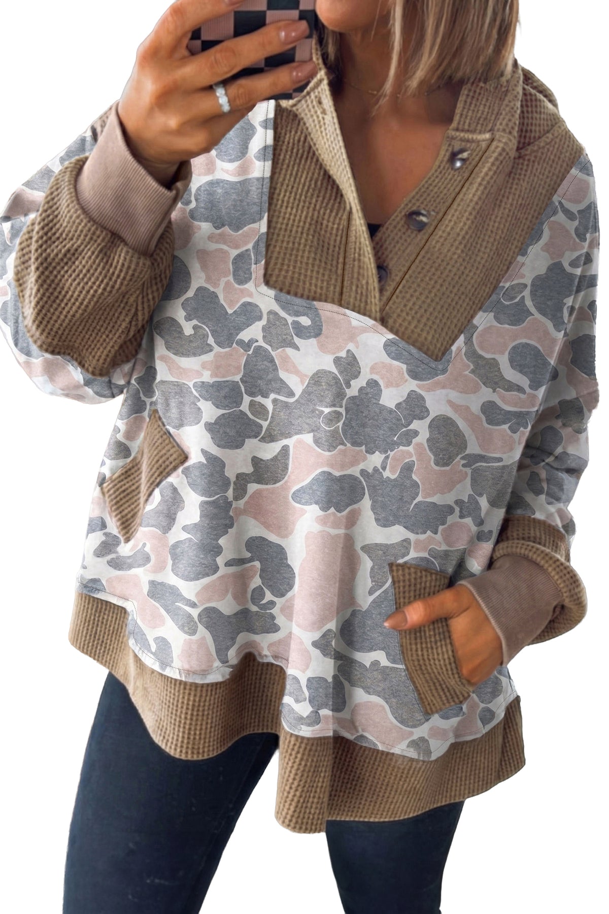 Khaki Camouflage Print Waffle Knit Patchwork Half Zip Plus Size Hoodie