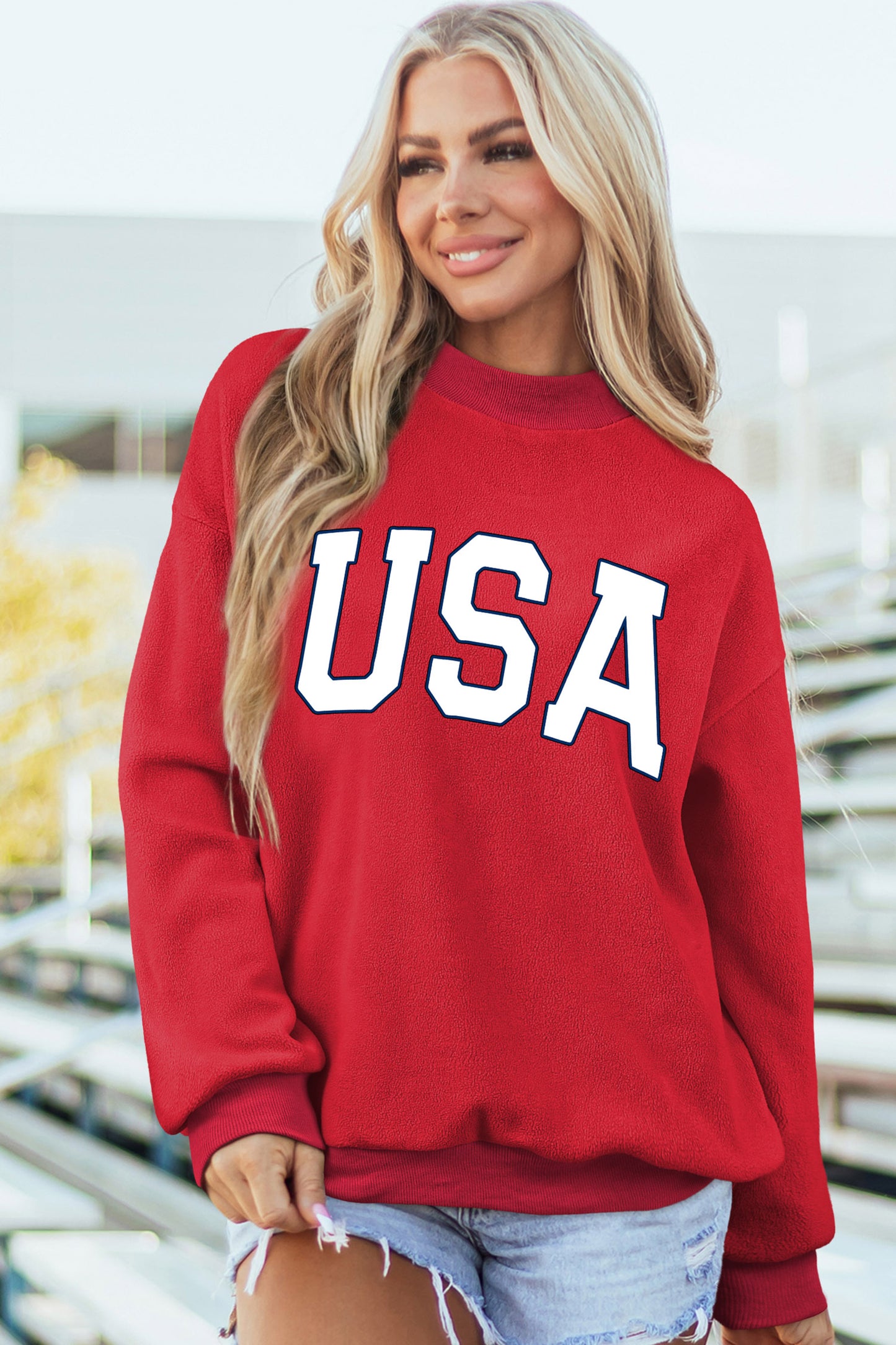 Racing Red American Flag/ USA Double Side Print Reversible Mock Neck Sweatshirt-Graphic/Graphic Sweatshirts-[Adult]-[Female]-2022 Online Blue Zone Planet