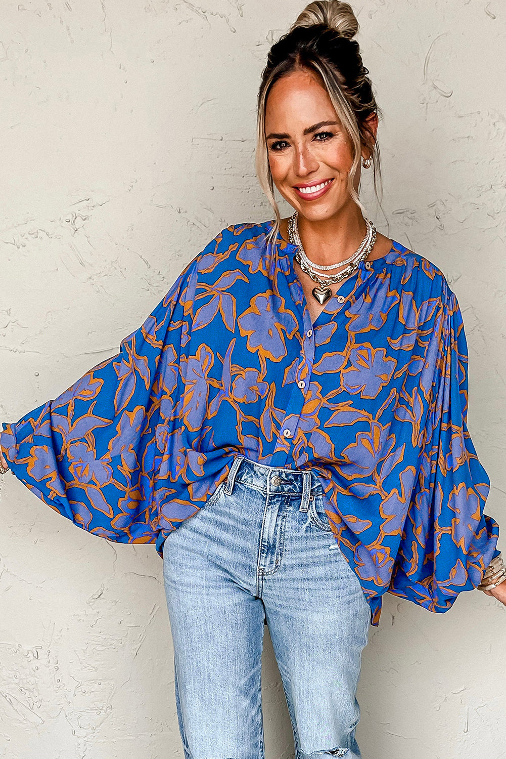 Blue Zone Planet | Blue Floral Print Batwing Sleeve Buttoned Loose Fit Shirt-Tops/Blouses & Shirts-[Adult]-[Female]-2022 Online Blue Zone Planet