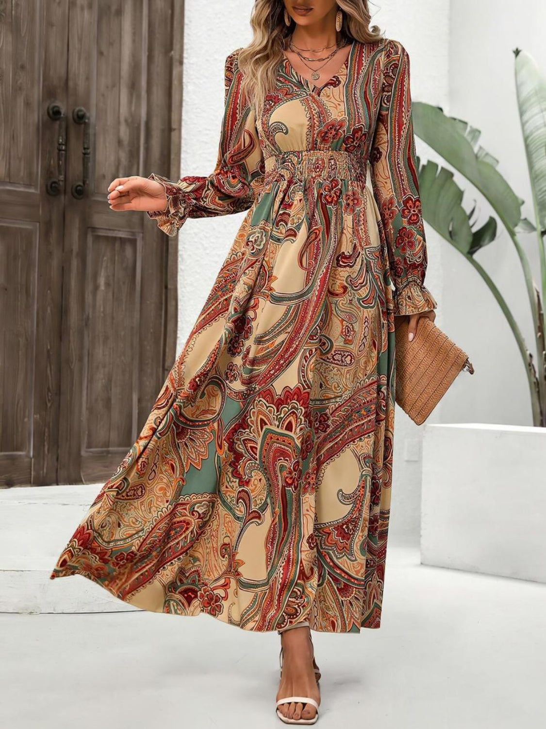 Smocked Printed V-Neck Flounce Sleeve Dress-TOPS / DRESSES-[Adult]-[Female]-Caramel-S-2022 Online Blue Zone Planet