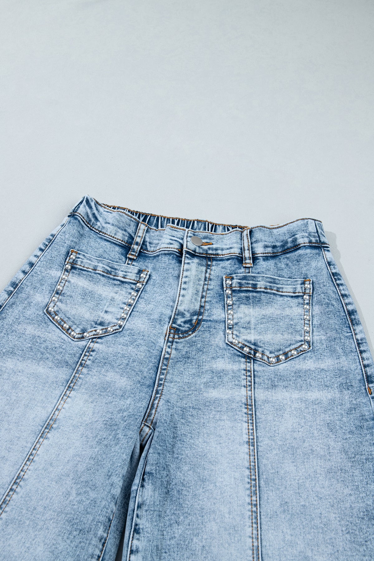 Beau Blue Frayed Studded Detail Wide Leg Pocketed Jeans-Bottoms/Jeans-[Adult]-[Female]-2022 Online Blue Zone Planet
