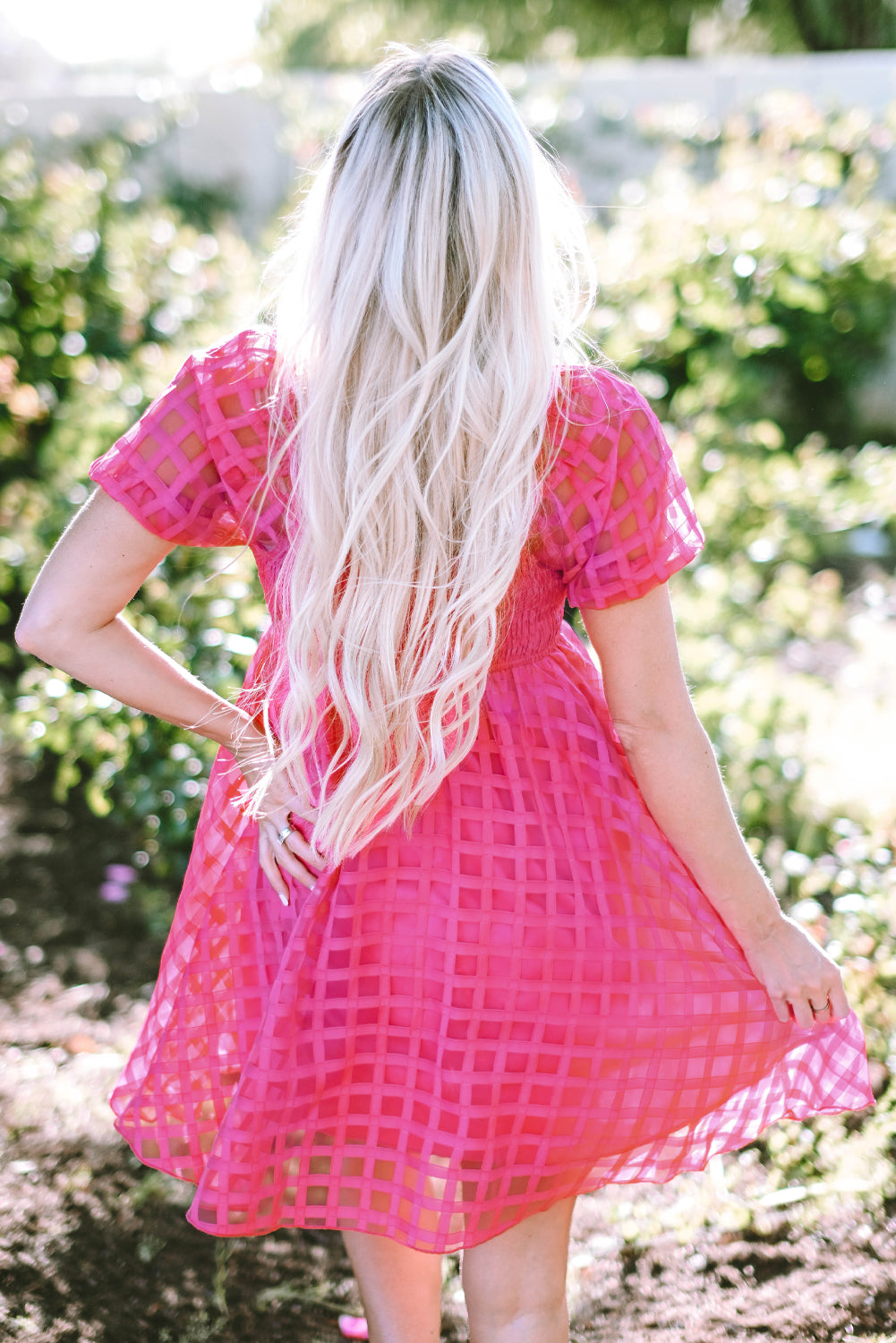 Strawberry Pink Checkered Puff Sleeve Babydoll Dress-TOPS / DRESSES-[Adult]-[Female]-2022 Online Blue Zone Planet