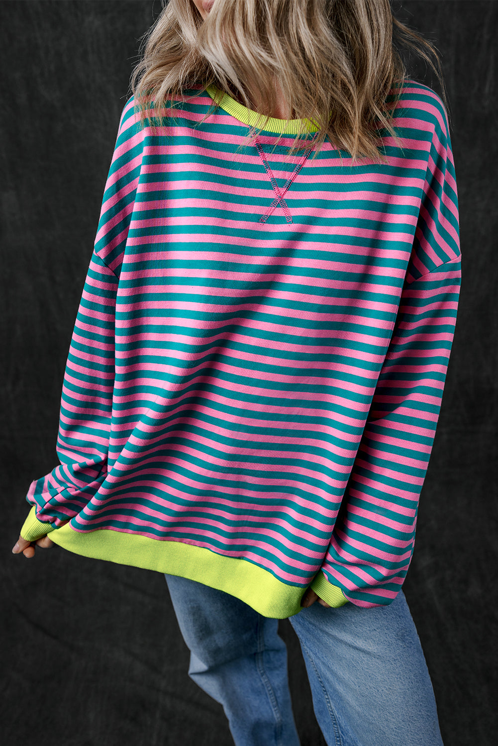 Sky Blue Stripe Oversized Contrast Trim Pullover Sweatshirt-Tops/Sweatshirts & Hoodies-[Adult]-[Female]-Green Stripe-S-2022 Online Blue Zone Planet