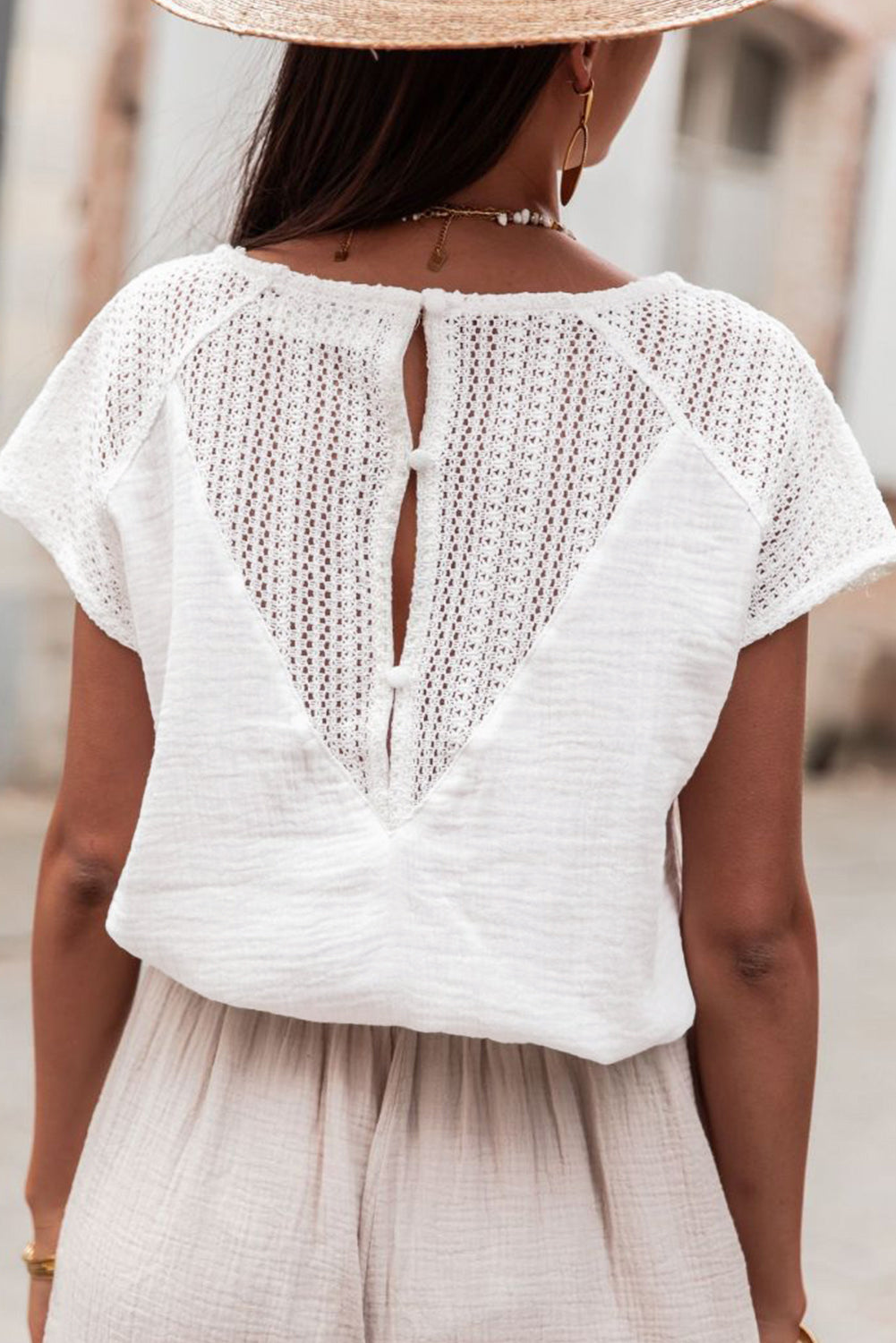 White Lace Crochet Textured Button Back V Neck T Shirt-Tops/Tops & Tees-[Adult]-[Female]-White-S-2022 Online Blue Zone Planet