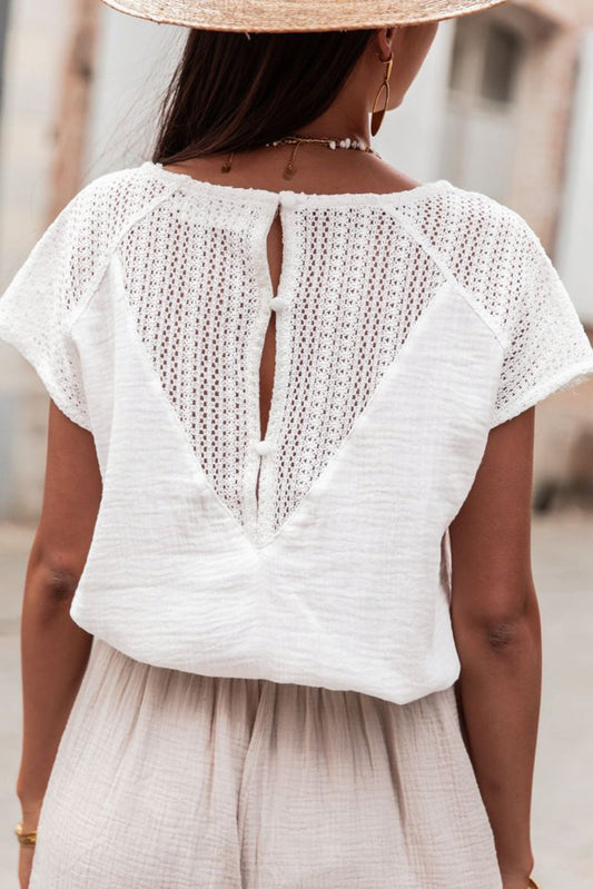 White Lace Crochet Textured Button Back V Neck T Shirt-Tops/Tops & Tees-[Adult]-[Female]-White-S-2022 Online Blue Zone Planet