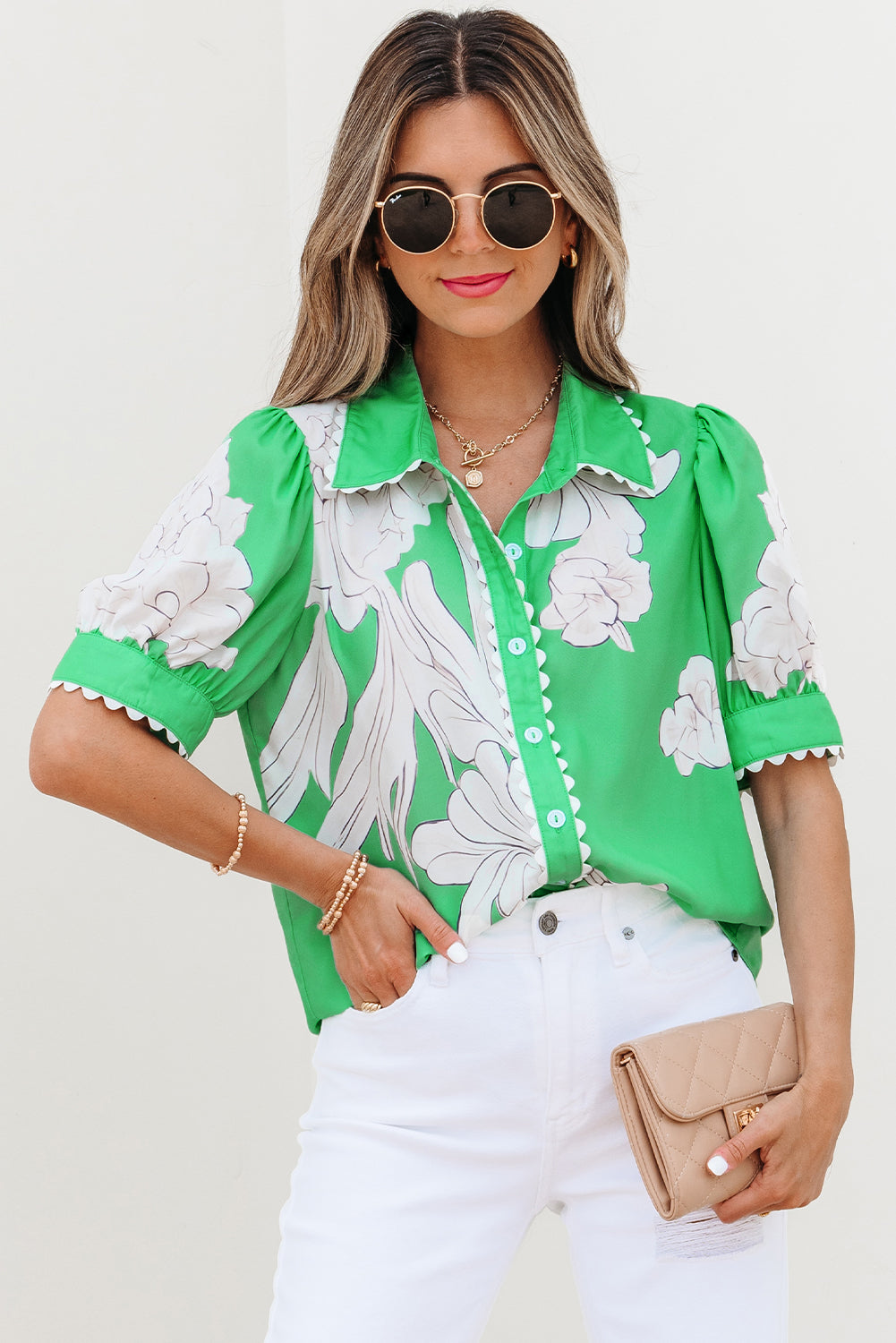 Green Floral Ric Rac Edge Puff Sleeve Button Up Summer Shirt-Tops/Blouses & Shirts-[Adult]-[Female]-2022 Online Blue Zone Planet