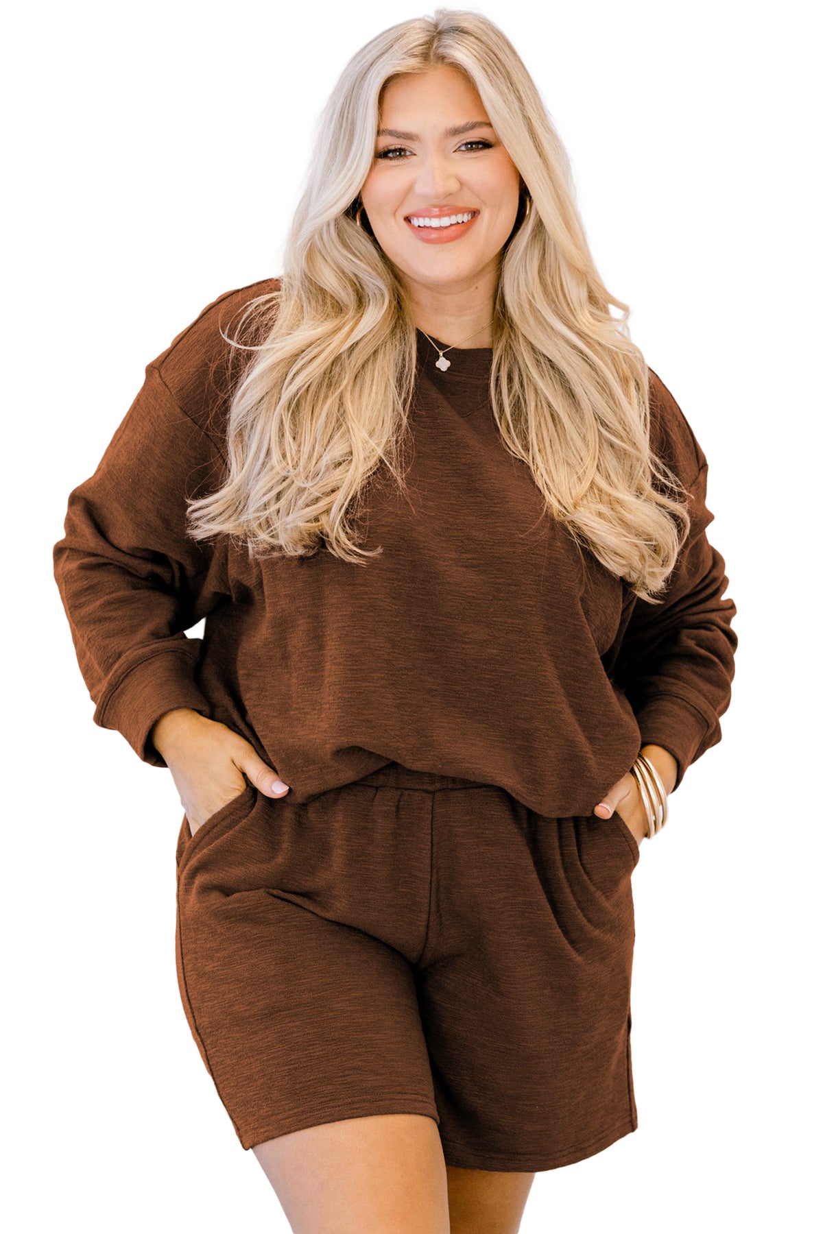 Chestnut Drop Shoulder Long Sleeve Top Elastic Waist Shorts Plus Size Set-Plus Size/Plus Size Loungewear-[Adult]-[Female]-2022 Online Blue Zone Planet