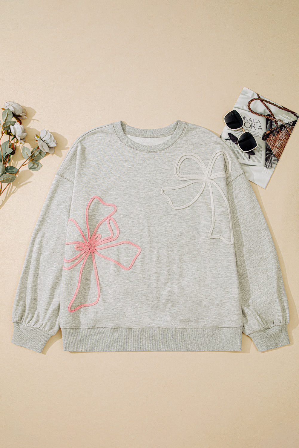 Light Grey Plus Size Thread Embroidered Drop Shoulder Round Neck Sweatshirt-Tops/Sweatshirts & Hoodies-[Adult]-[Female]-2022 Online Blue Zone Planet
