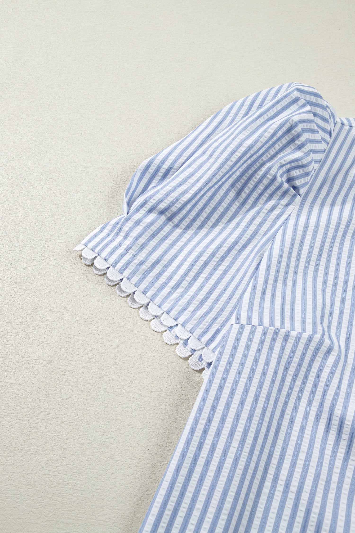 Sky Blue Stripe Plus Size Leopard Patchwork Collar Short Bubble Sleeve Blouse-Plus Size/Plus Size Tops/Plus Size Blouses & Shirts-[Adult]-[Female]-2022 Online Blue Zone Planet