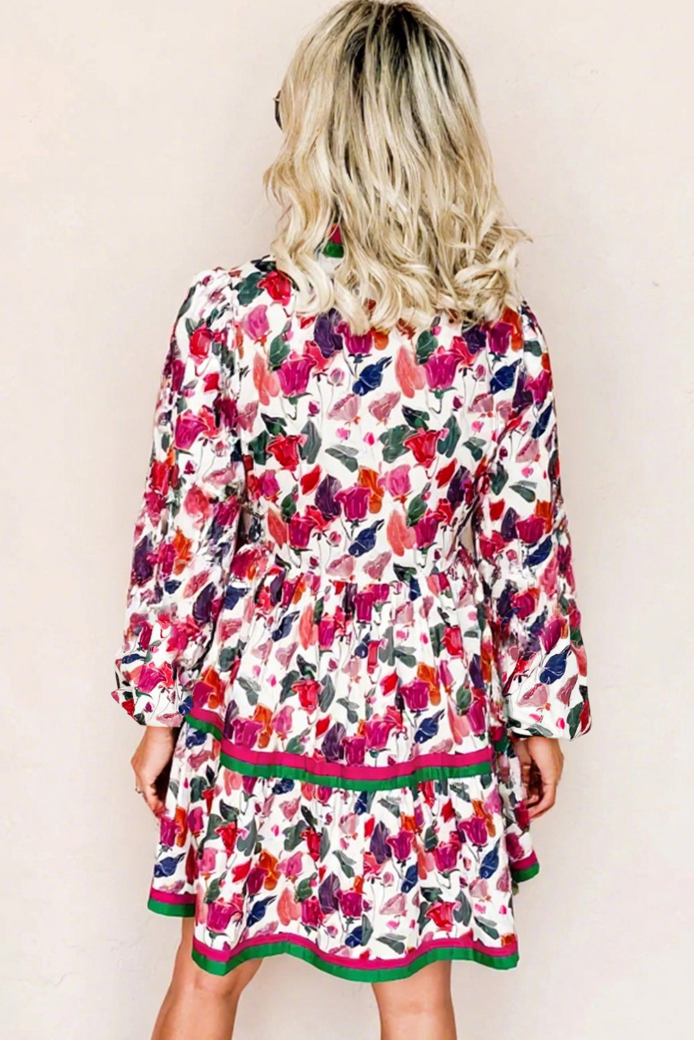 Purple Floral Print Contrast Striped Detail Long Sleeve Mini Dress-TOPS / DRESSES-[Adult]-[Female]-2022 Online Blue Zone Planet