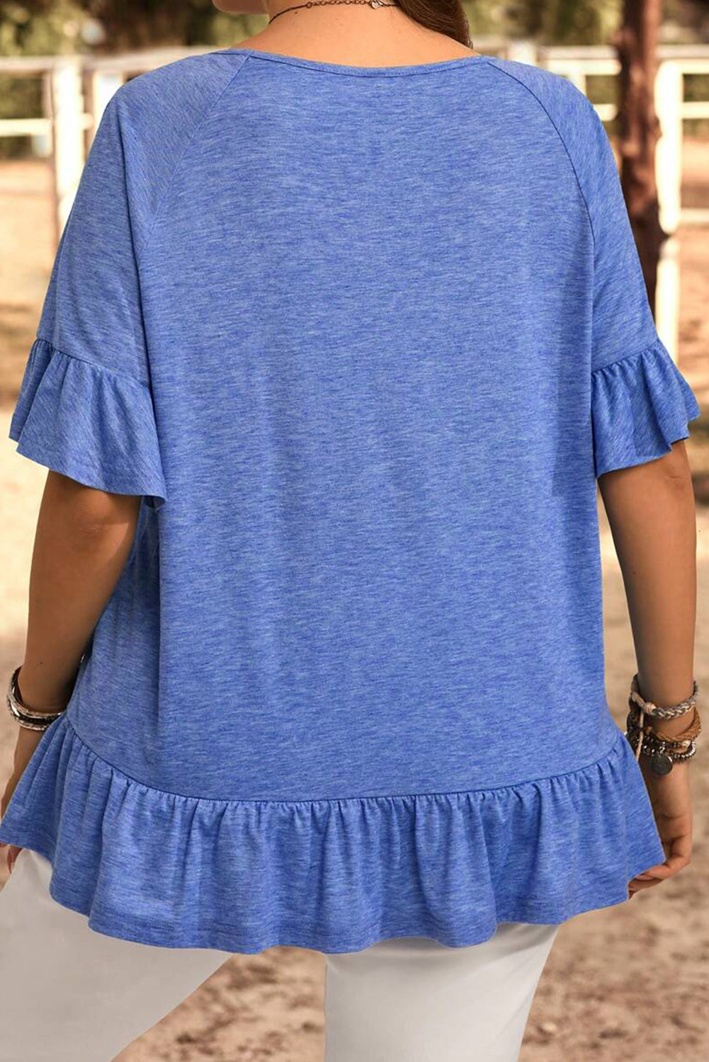 Dusk Blue Ruffled Short Sleeve Plus Size Casual Blouse-Plus Size/Plus Size Tops/Plus Size Tops & Tees-[Adult]-[Female]-2022 Online Blue Zone Planet
