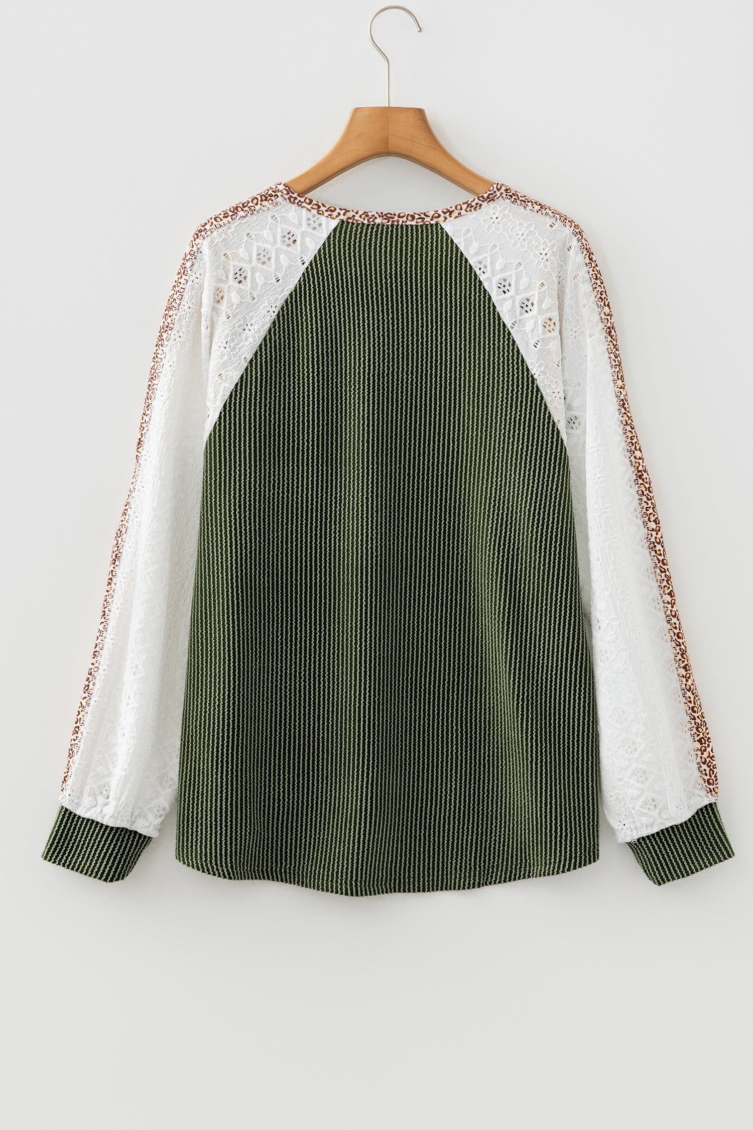 Vineyard Green Twisted Ribbed Leopard Lace Contrast Patchwork Long Sleeve Top-Tops/Long Sleeve Tops-[Adult]-[Female]-2022 Online Blue Zone Planet