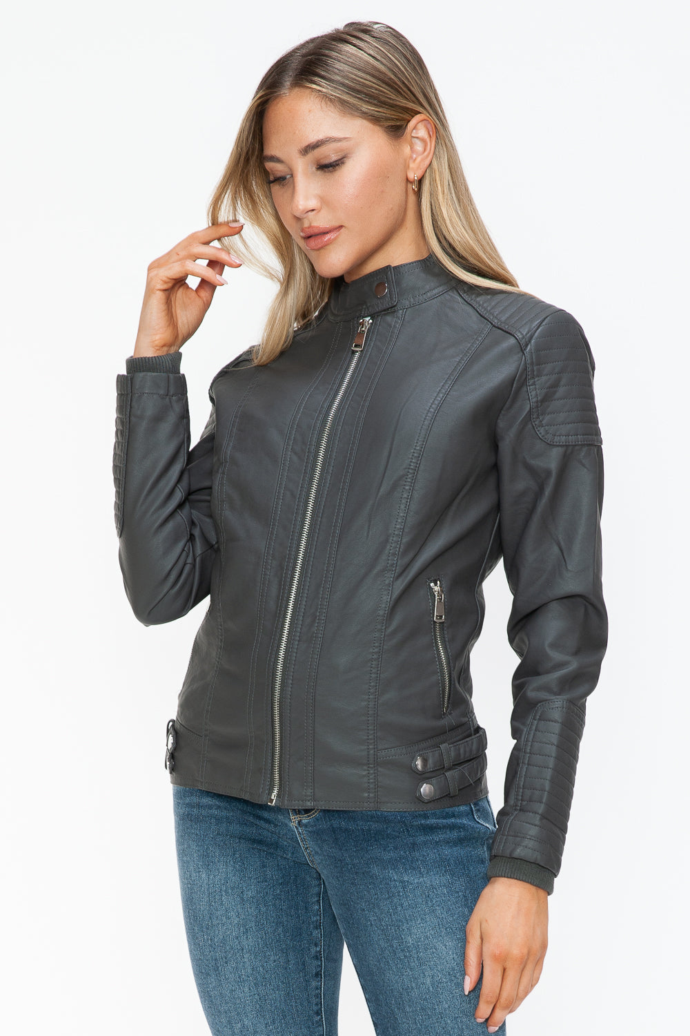 Blue Zone Planet | Snobbish Faux Leather Biker Jacket with Side Zip Pockets-TOPS / DRESSES-[Adult]-[Female]-2022 Online Blue Zone Planet