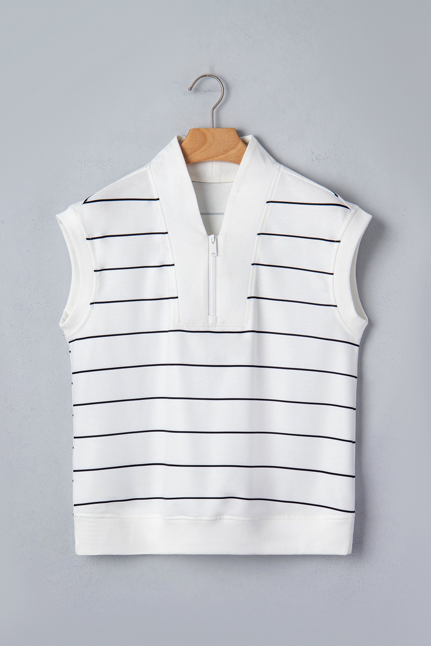 White Stripe Color Block Zip V Neck Sleeveless Top-Tops/Tank Tops-[Adult]-[Female]-2022 Online Blue Zone Planet