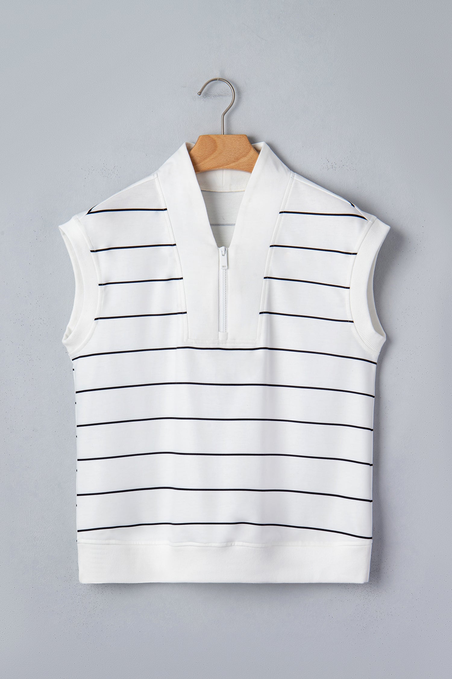 White Stripe Color Block Zip V Neck Sleeveless Top-Tops/Tank Tops-[Adult]-[Female]-2022 Online Blue Zone Planet