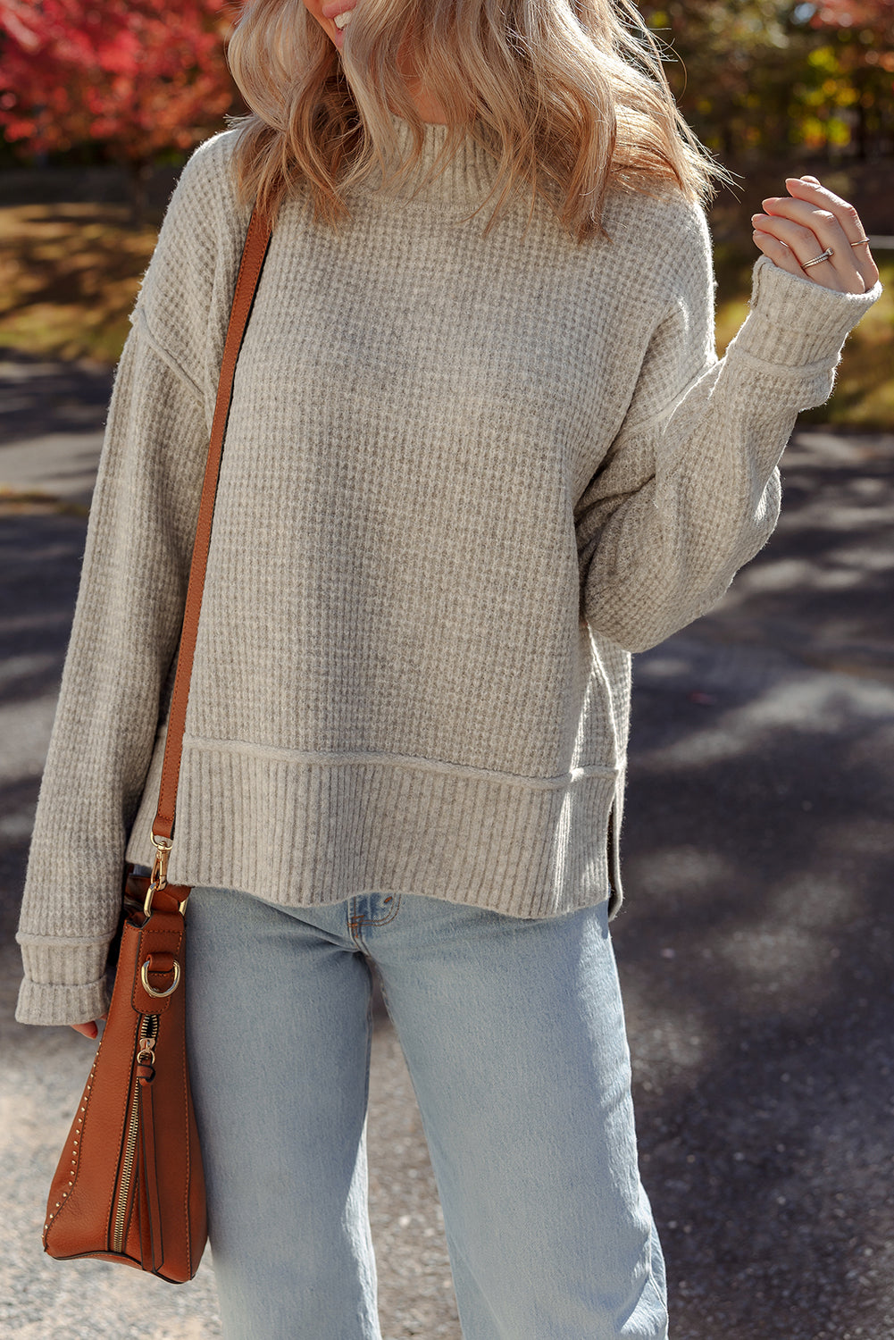 Gray Morn Waffle Texture Knit Ribbed High Neck Drop Shoulder Sweater-TOPS / DRESSES-[Adult]-[Female]-2022 Online Blue Zone Planet