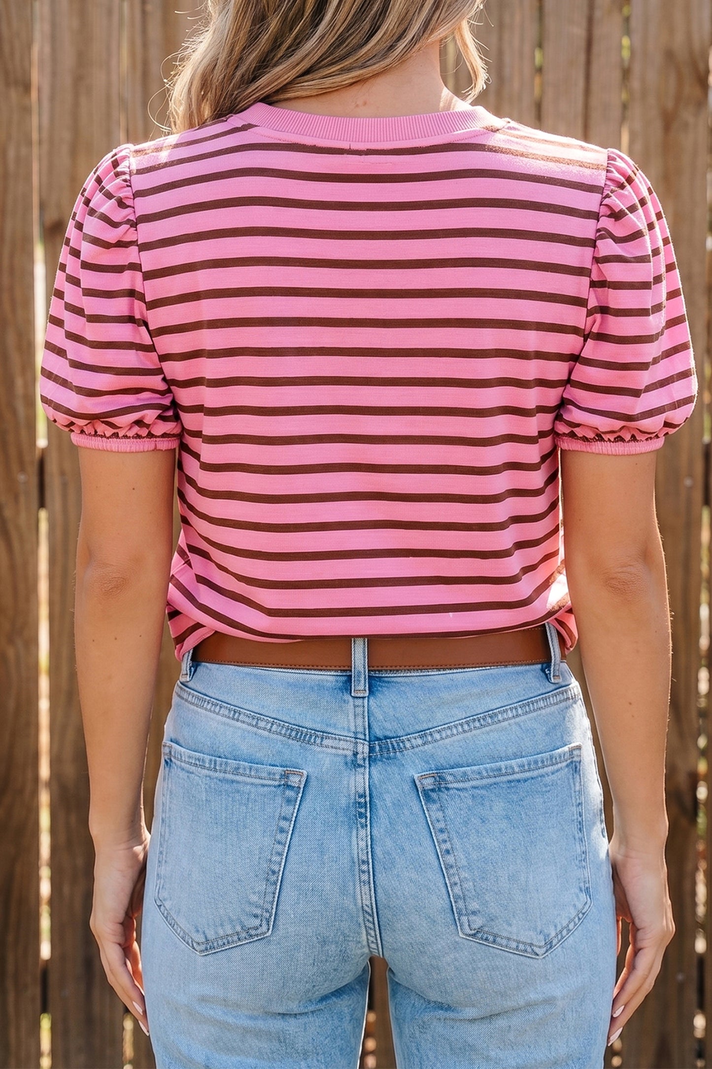 Rose Stripe Striped V-Neck Ribbed Collar Cuff Gathering Puff Sleeve Top-Tops/Tops & Tees-[Adult]-[Female]-2022 Online Blue Zone Planet
