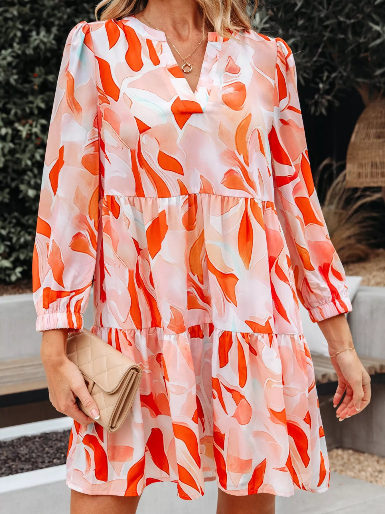 Abstract Print Long Sleeve Tiered Mini Dress Tangerine / M