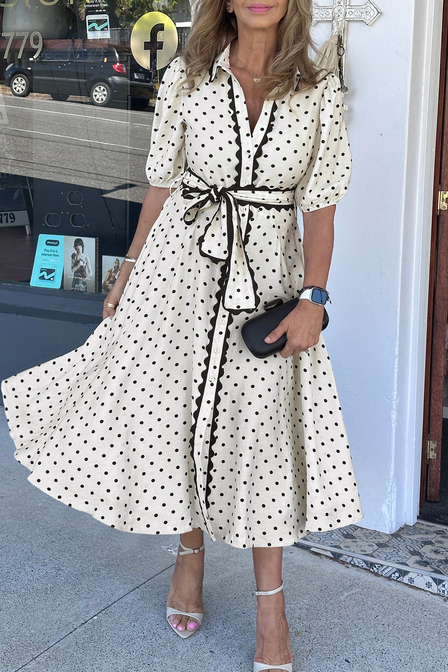 White Polka Dot Printed Contrast Scalloped Trim Shirt Collar Button Down Belted Midi Dress-Dresses/Midi Dresses-[Adult]-[Female]-White-S-2022 Online Blue Zone Planet
