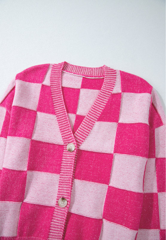 Checkered V-Neck Long Sleeve Cardigan-TOPS / DRESSES-[Adult]-[Female]-2022 Online Blue Zone Planet