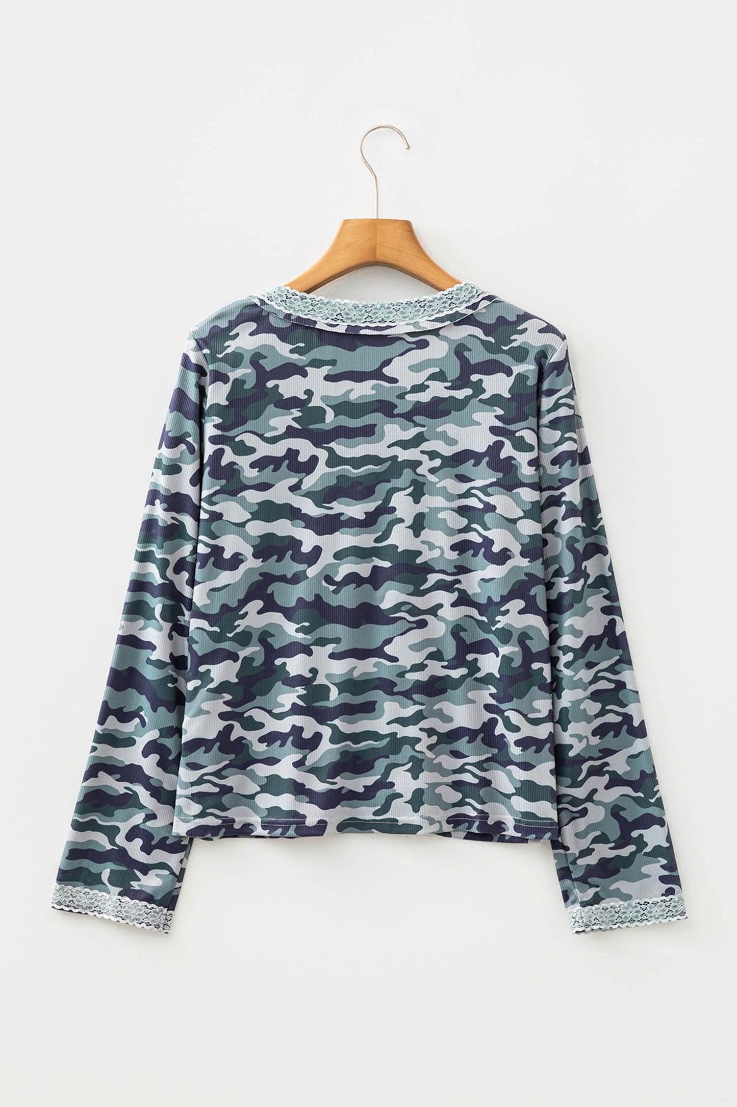 Green Camouflage Print Lace Patchwork Detail Button Long Sleeve Top-Tops/Long Sleeve Tops-[Adult]-[Female]-2022 Online Blue Zone Planet