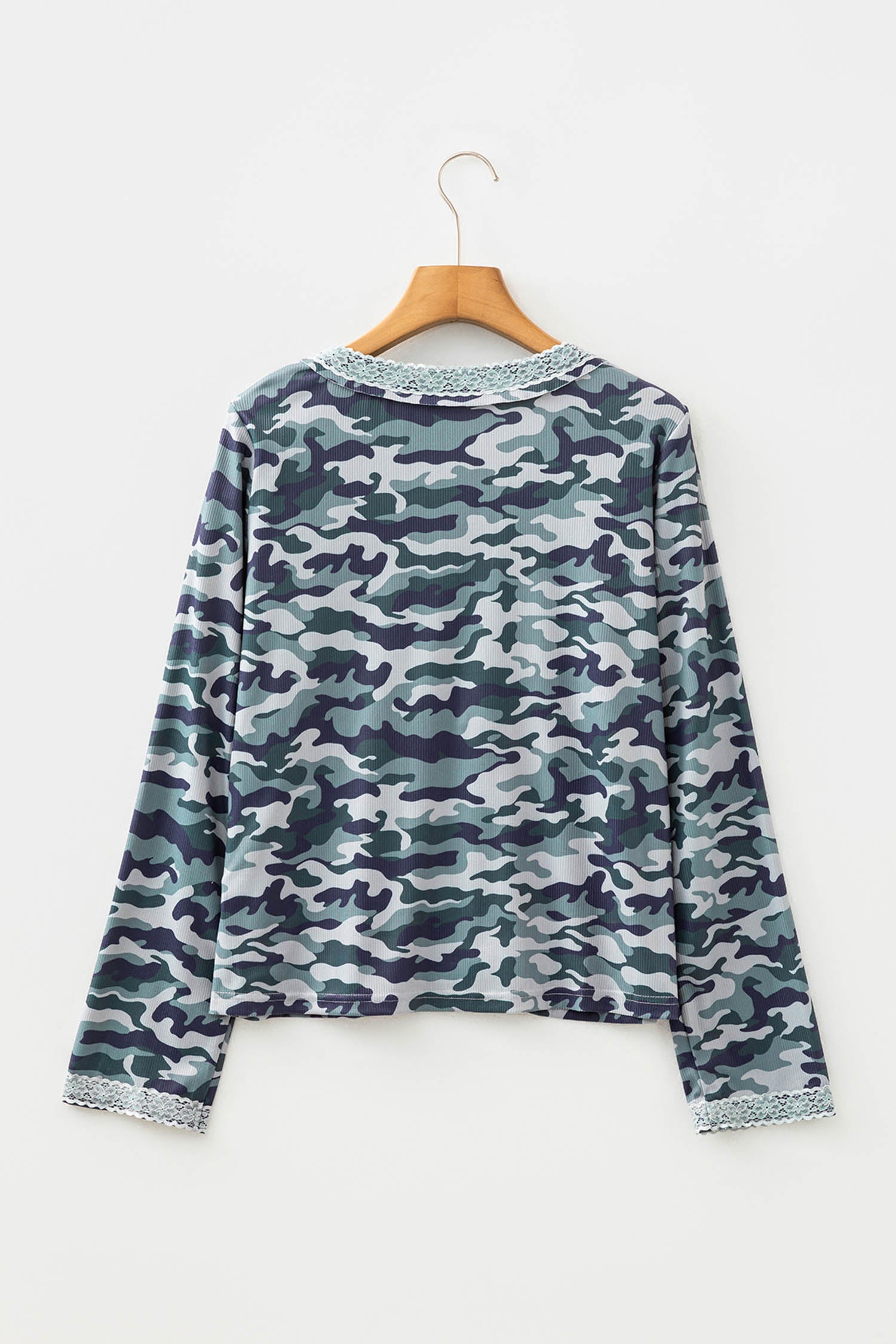 Green Camouflage Print Lace Patchwork Detail Button Long Sleeve Top-Tops/Long Sleeve Tops-[Adult]-[Female]-2022 Online Blue Zone Planet