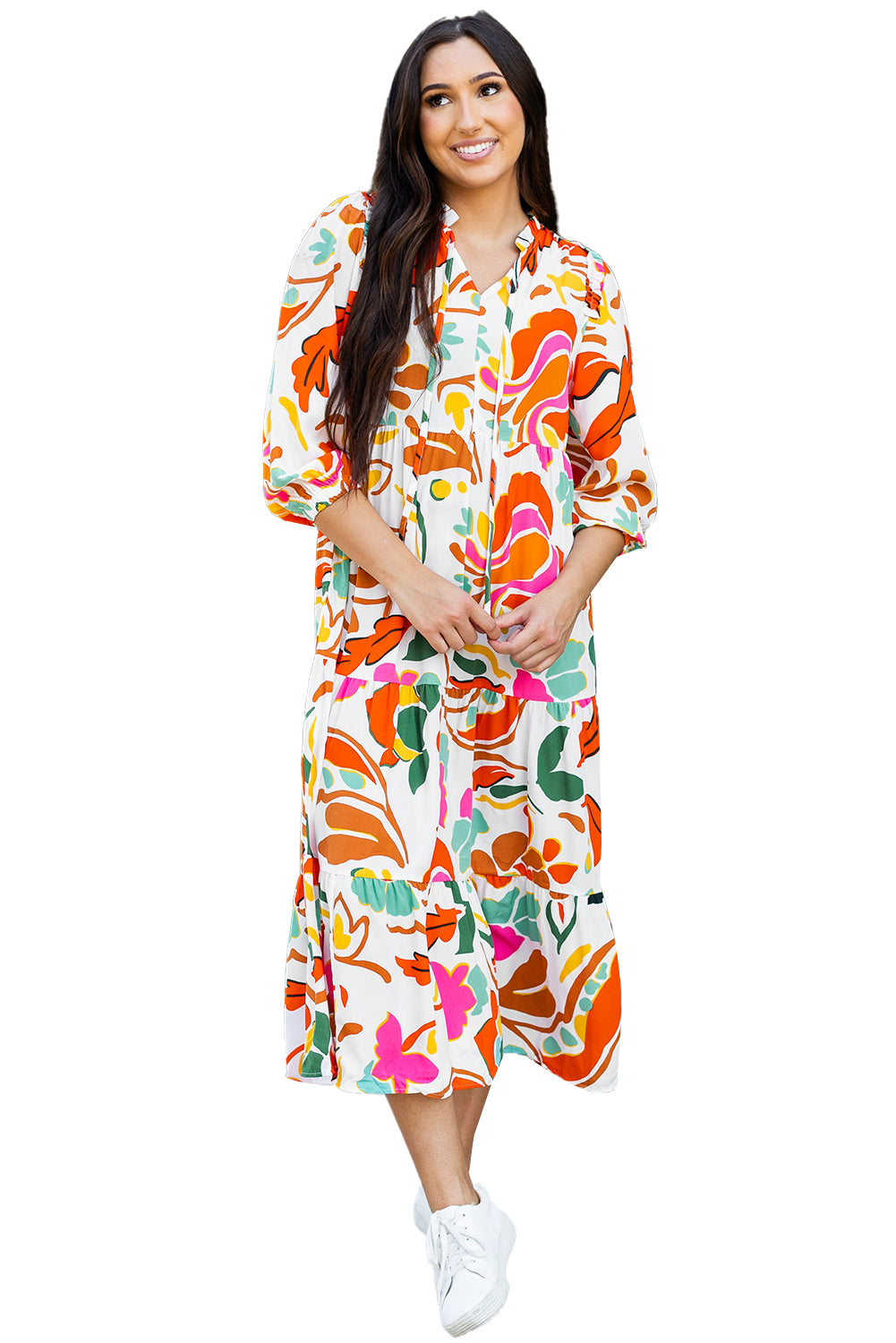 Blue Zone Planet | Orange Floral Print Split V Neck Tiered Maxi Dress-TOPS / DRESSES-[Adult]-[Female]-2022 Online Blue Zone Planet