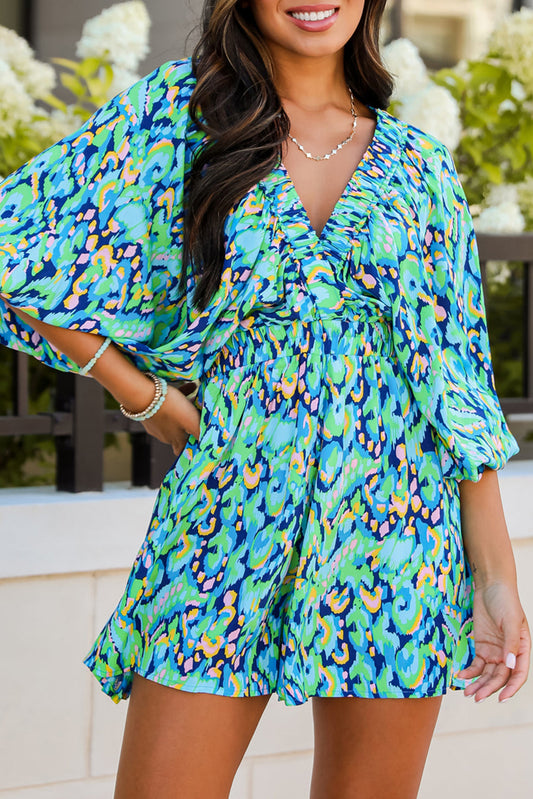 Green Abstract Print Puff Sleeve V Neck High Waist Romper-Bottoms/Jumpsuits & Rompers-[Adult]-[Female]-Green-S-2022 Online Blue Zone Planet