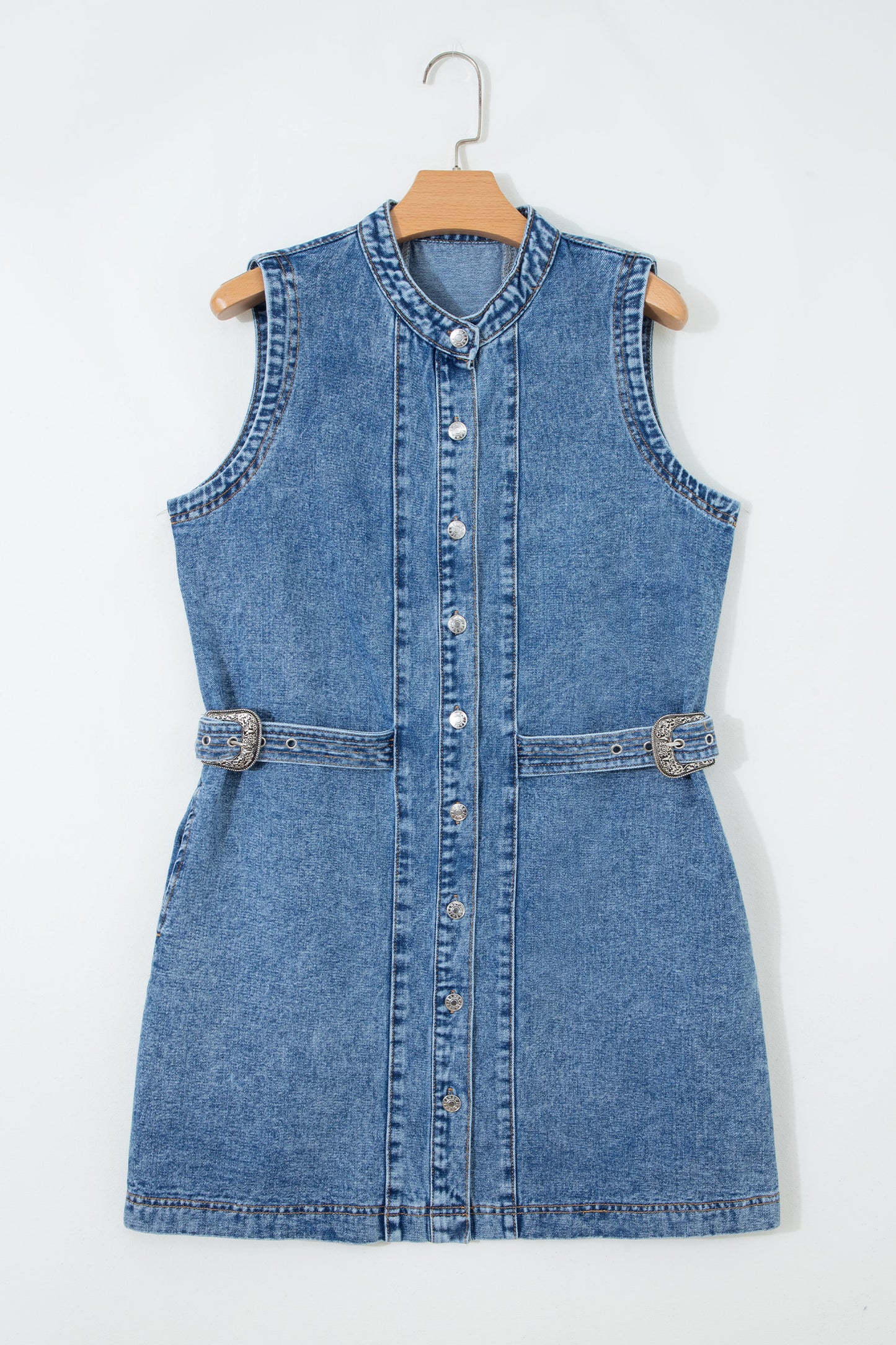 Myosotis Western Belt Button Down Sleeveless Denim Short Dress-TOPS / DRESSES-[Adult]-[Female]-2022 Online Blue Zone Planet