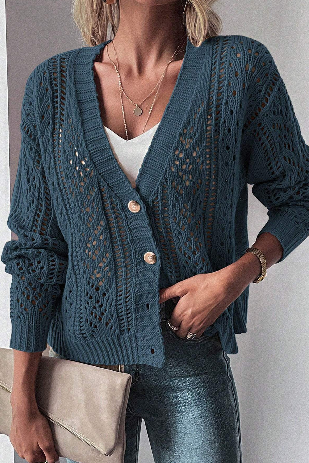 Blue Zone Planet | Beige Open Knit Drop Shoulder Sweater Cardigan-Sweaters & Cardigans/Cardigans-[Adult]-[Female]-2022 Online Blue Zone Planet