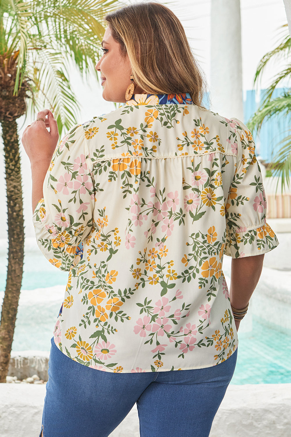 Multicolour Plus Size Floral Print Woven V Neck Half Sleeve Blouse-Plus Size/Plus Size Tops/Plus Size Blouses & Shirts-[Adult]-[Female]-2022 Online Blue Zone Planet