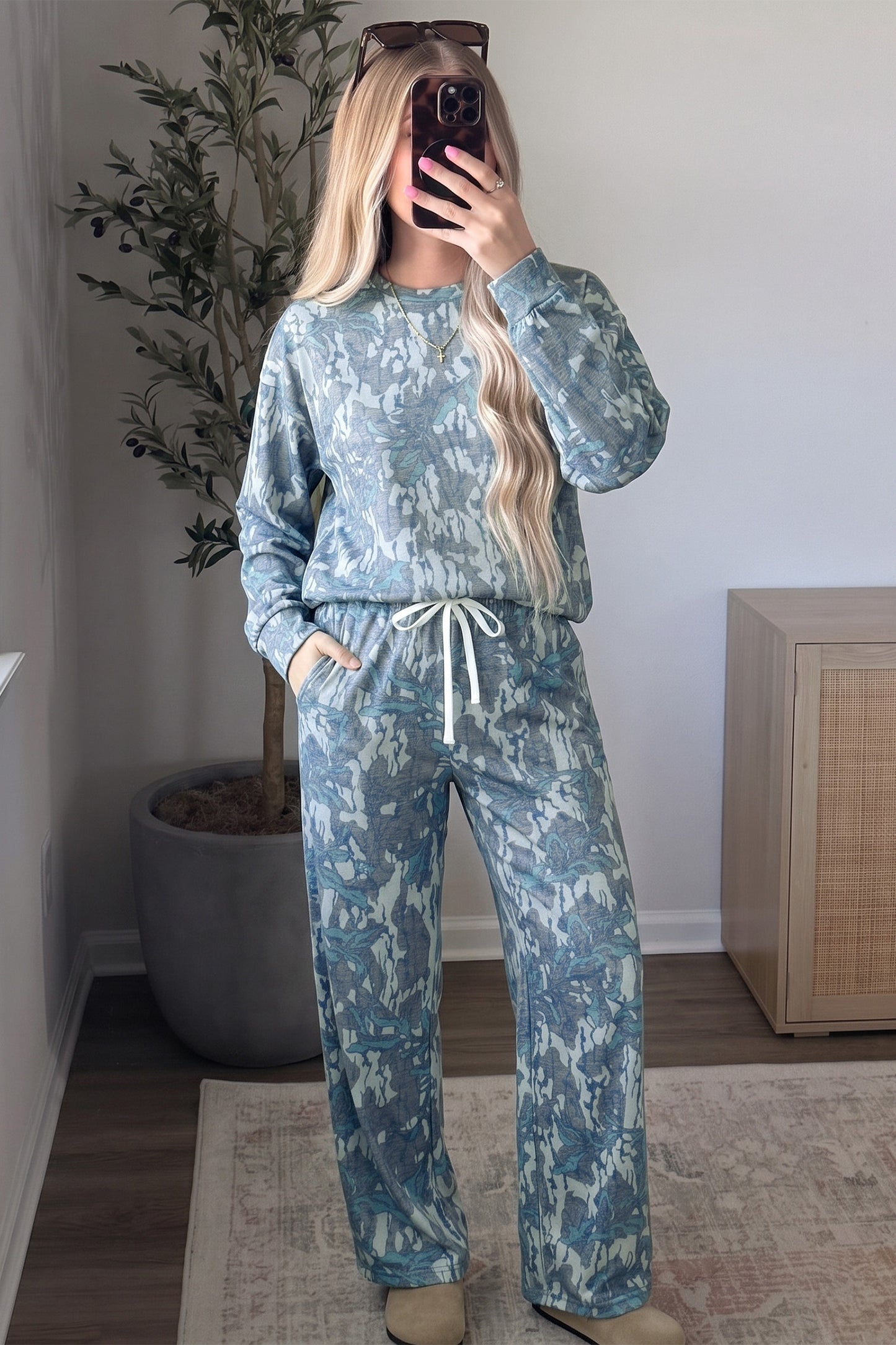 Pink Abstract Floral Print Loose Pullover Drawstring Pants 2pcs Set-Two Piece Sets/Pant Sets-[Adult]-[Female]-2022 Online Blue Zone Planet