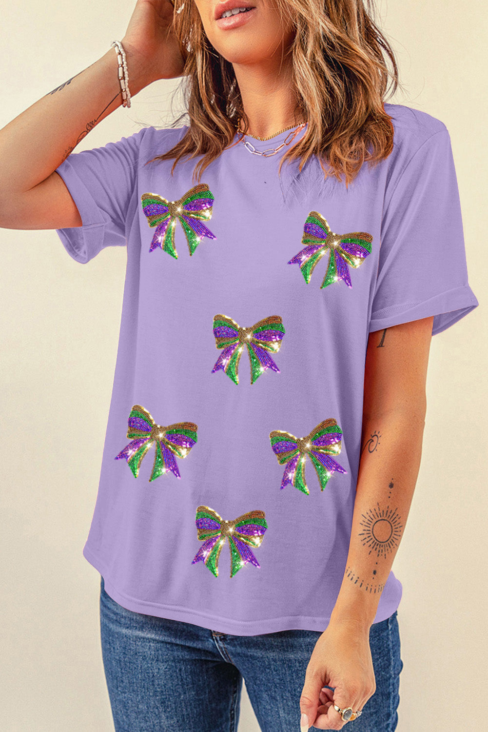 Black Sequin Mardi Gras Bow Graphic Crewneck Tee-Graphic Tees-[Adult]-[Female]-2022 Online Blue Zone Planet