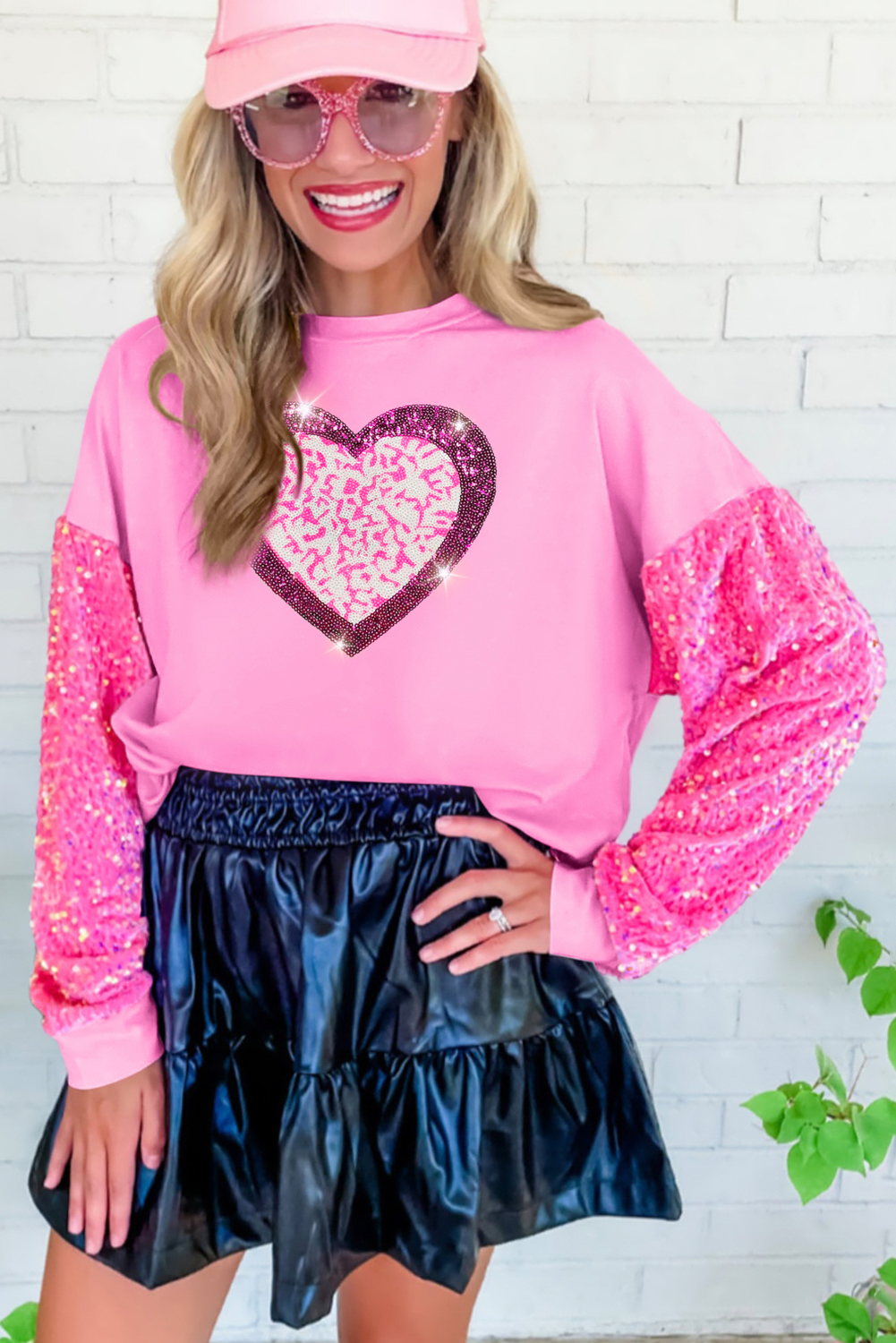 Pink Leopard Heart Graphic Sequin Patchwork Long Sleeve Valentines Top-Graphic Apparel-[Adult]-[Female]-2022 Online Blue Zone Planet